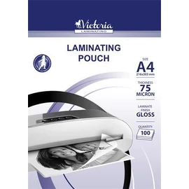 Meleglamináló fólia, 75mikron, A4, fényes, VICTORIA, 100db/cs