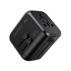 TÖLTŐ USB-C+A*3 (30W, fekete, travel, US,UK,EU,AU),Choetech