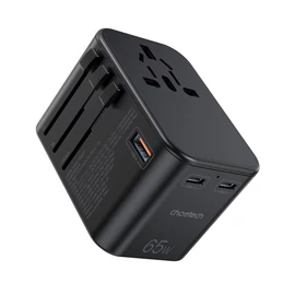 TÖLTŐ USB-C*2+A (65W, fekete, travel, US,UK,EU,AU),Choetech