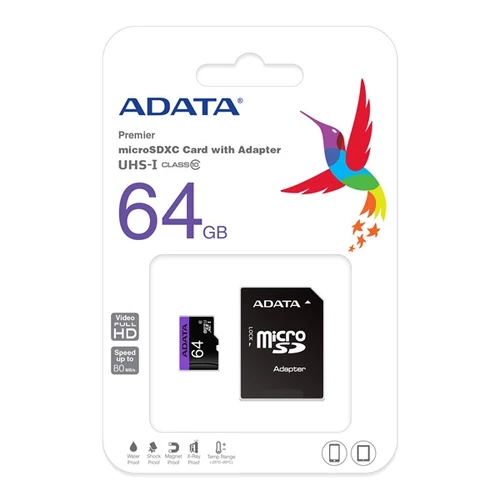 ADATA 64GB SD micro Premier (SDXC Class 10 UHS-I) (AUSDX64GUICL10-RA1) memória kártya adapterrel