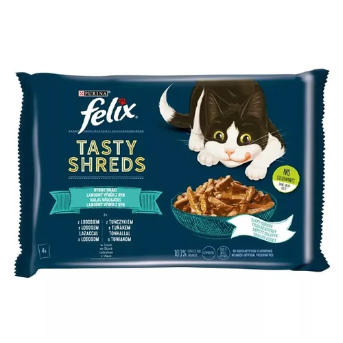 Állateledel alutasakos FELIX Tasty Shreds macskáknak 4-pack lazac-tonhal válogatás szószban 4x80g