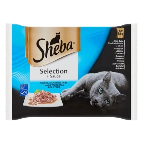 Állateledel alutasakos SHEBA Selection macskáknak 4-pack halas hal-lazac-tőkehal-tonhal válogatás 4x85 g