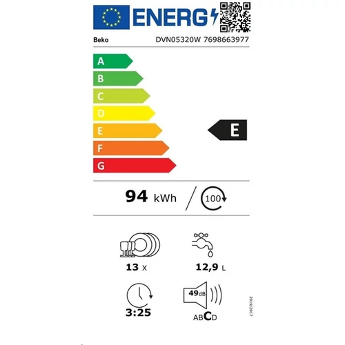 Beko DVN05320W fehér, programok száma: 5, szabadonálló, 13 terítékes mosogatógép