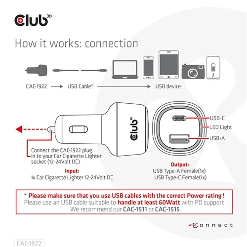 Club 3D Autós Töltő - CAC-1922 (63W, USB-A, USB-C, 12-24V, QC3.0)