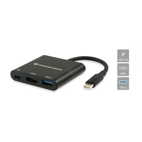 Conceptronic Notebook Dokkoló - DONN01B (Bemenet: USB-C, Kimenet: HDMI+USB-C PD:60W+USB-A 3.0, fekete)