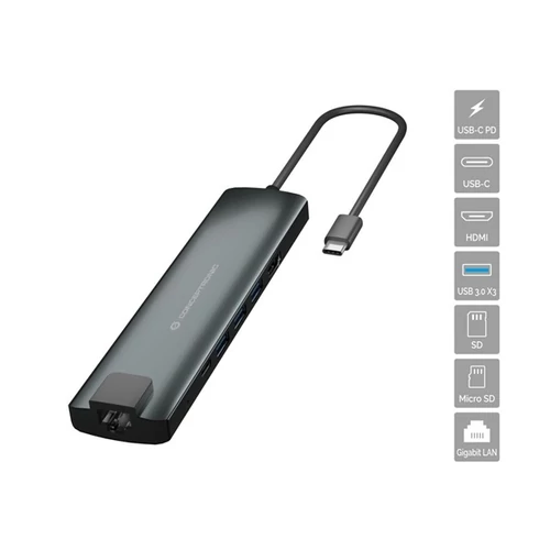 Conceptronic Notebook Dokkoló - DONN06G (Bemenet: USB-C, Kimenet: HDMI+USB-C PD:60W+USB-A+SD/TF+RJ-45, fekete)