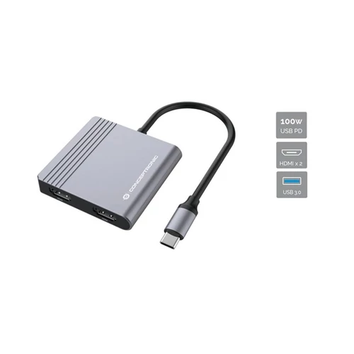 Conceptronic Notebook Dokkoló - DONN11G (Bemenet: USB-C, Kimenet: 2xHDMI+USB-C PD:100W+USB-A, ezüst)