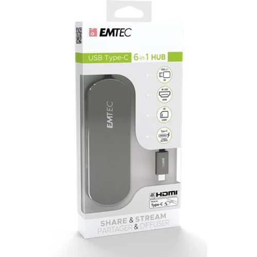 USB elosztó-HUB, USB-C/USB 3.1/HDMI/SD kártya, EMTEC 