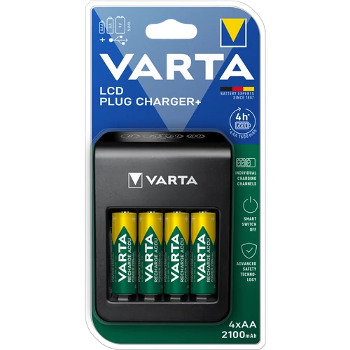 Elemtöltő, AA/AAA/9V, 4xAA 2100 mAh, LCD kijelző, VARTA "Plug"