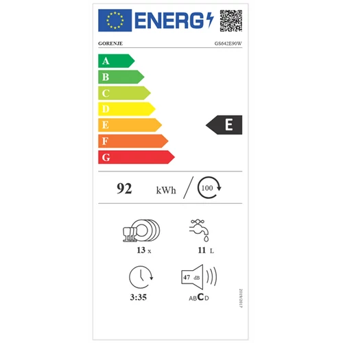 Gorenje GS642E90W fehér, programok száma: 6, szabadonálló, 13 terítékes mosogatógép