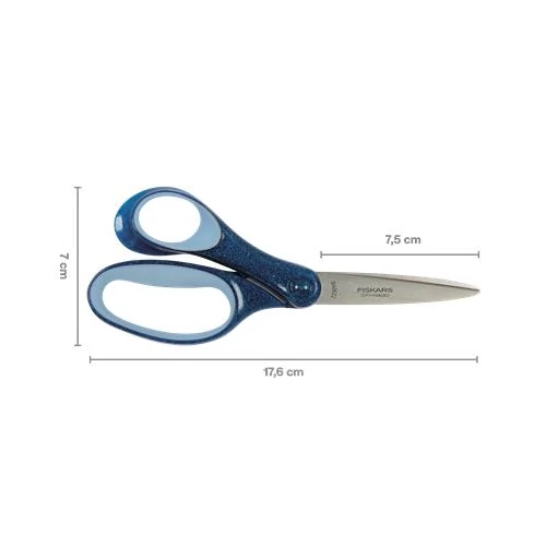 Olló, iskolai, 18 cm, balkezes, FISKARS, csillámos kék