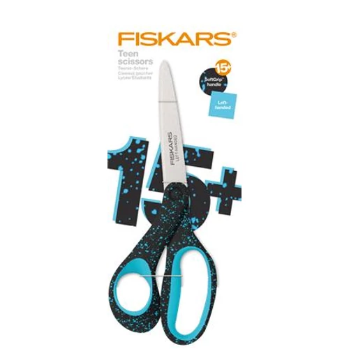 Olló, ifjúsági, 20 cm, balkezes, FISKARS, foltos pávakék