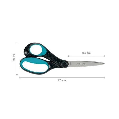 Olló, ifjúsági, 20 cm, balkezes, FISKARS, foltos pávakék