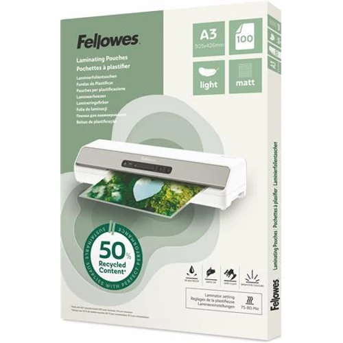 Meleglamináló fólia, 80 mikron, A3, matt, 100 db, FELLOWES 