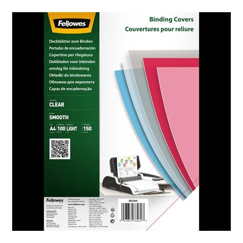 Előlap, A4, 150mikron, PET, FELLOWES, víztiszta, 100db/cs