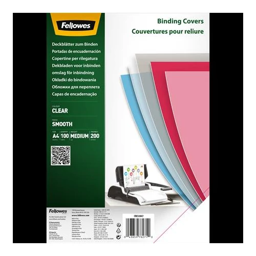 Előlap, A4, 200mikron, PET, FELLOWES, víztiszta, 100db/cs