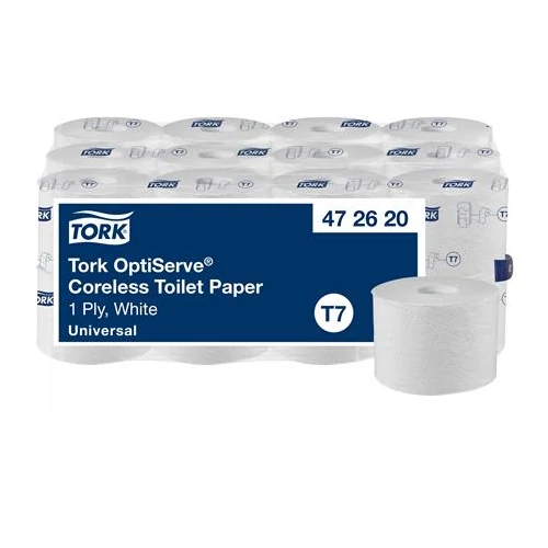 Toalettpapír, belsőmag nélküli, T7 rendszer, 1 rétegű, 13,1 cm átmérő, Universal, TORK 