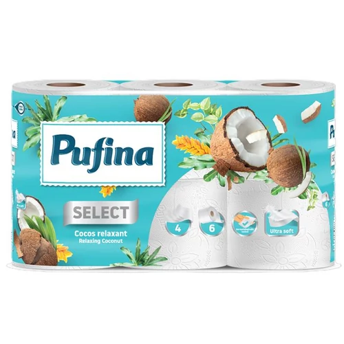 Toalettpapír, 4 rétegű, kistekercses, 6 tekercs, PUFINA 
