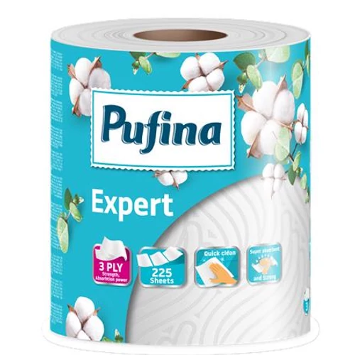 Háztartási papírtörlő, 3 rétegű, 225 lap, 1 tekercses, PUFINA 