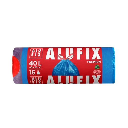 Szemeteszsák, zárószalagos, 40 l, 15 db, 60x60 cm, 20 µ, ALUFIX, kék