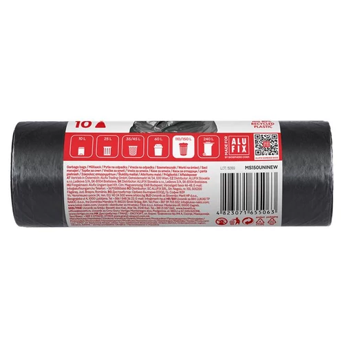 Szemeteszsák, 150 l, 10 db, 80x105 cm, 35 µ, ALUFIX, fekete