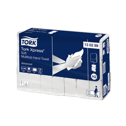 Kéztörlő, Interfold hajtás, 2rétegű, 21csom/krt, 180lap, H2 rendszer, Advanced, TORK "Xpress® Soft Multifold", fehér