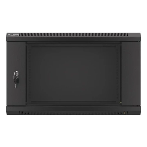 Lanberg WF01-6406-10B 19" 6U SZÉL:600 MÉLY:450 MAG:379 lapraszerelt üvegajtós fekete fali rack szekrény