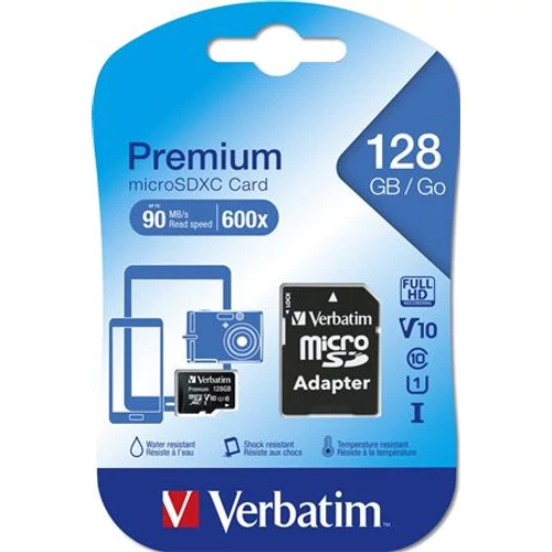 Memóriakártya, microSDXC, 128GB, CL10/U1, 90/10 MB/s, adapter, VERBATIM 