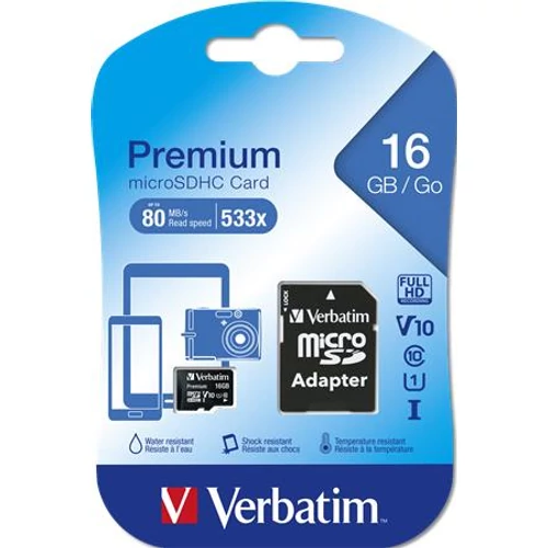 Memóriakártya, microSDHC, 16GB, CL10/U1, 45/10 MB/s, adapter, VERBATIM 
