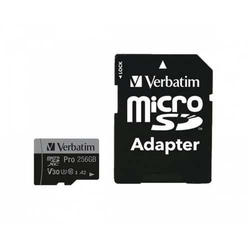Memóriakártya, microSDXC, 256GB, CL10/U3/A2, 100/90 MB/s, adapter, VERBATIM 