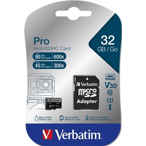 Memóriakártya, microSDHC, 32GB, CL10/U3, 90/45 MB/s, adapter, VERBATIM 