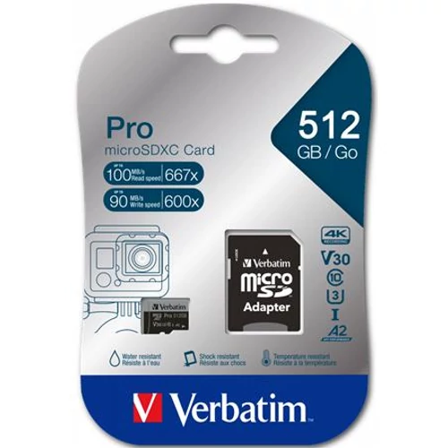 Memóriakártya, microSDXC, 512GB, CL10/U3/A2, 100/90 MB/s, adapter, VERBATIM 