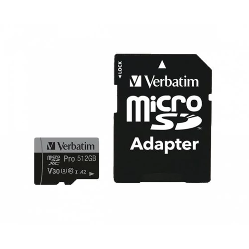 Memóriakártya, microSDXC, 512GB, CL10/U3/A2, 100/90 MB/s, adapter, VERBATIM 