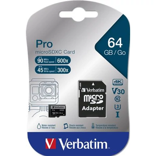 Memóriakártya, microSDXC, 64GB, CL10/U3, 90/45 MB/s, adapter, VERBATIM 
