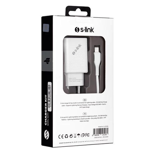S-Link Telefon töltő - SL-EC40L (1db USB, 5V/2.4A, 12W, Gyorstöltés, Lightning-USB 100cm adat+töltőkábel, fehér)