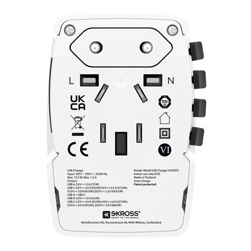 SKROSS 1.302333 World 65W USB-A/USB-C fehér világutazó adapter + Type-C kábel