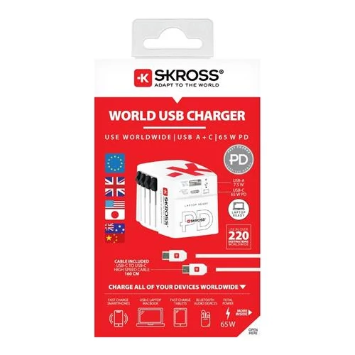 SKROSS 1.302333 World 65W USB-A/USB-C fehér világutazó adapter + Type-C kábel