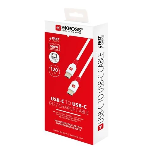 Töltőkábel, USB-C/USB-C, gyorstöltés, 1,2m, SKROSS, fehér