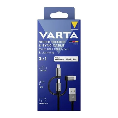 USB kábel, 3-az-1-ben USB A–Light/Micro/C, 2m, VARTA