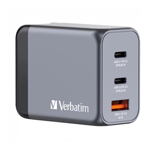 Hálózati töltő, 2xUSB-C PD (65W), USB-A QC 3.0, EU/UK/US, GaN, VERBATIM