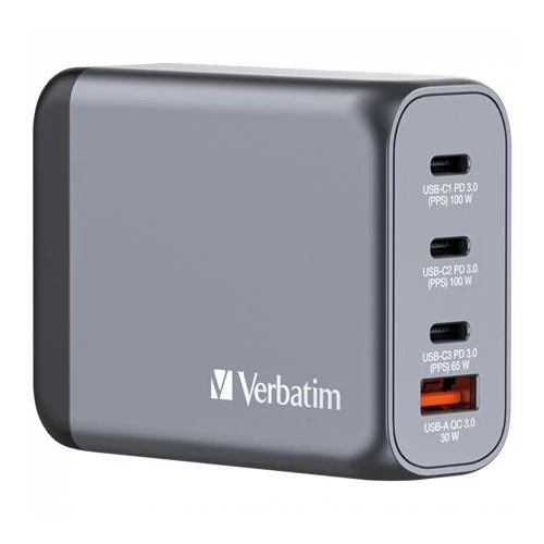 Hálózati töltő, 2xUSB-C PD (100W), USB-C PD (65W), USB-A QC 3.0, EU/UK/US, GaN, VERBATIM