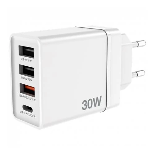 Hálózati töltő, 1xUSB-C PD (20W), USB-A QC 3.0, 2xUSB-A (10W), VERBATIM, fehér