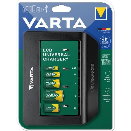 Elemtöltő, univerzális AA/AAA/C/D/9V, LCD kijelző, VARTA 