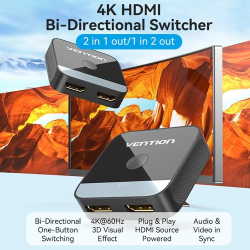 SWITCHER HDMI (2 Portos,kétirányú, 4K,60Hz, fekete), Vention