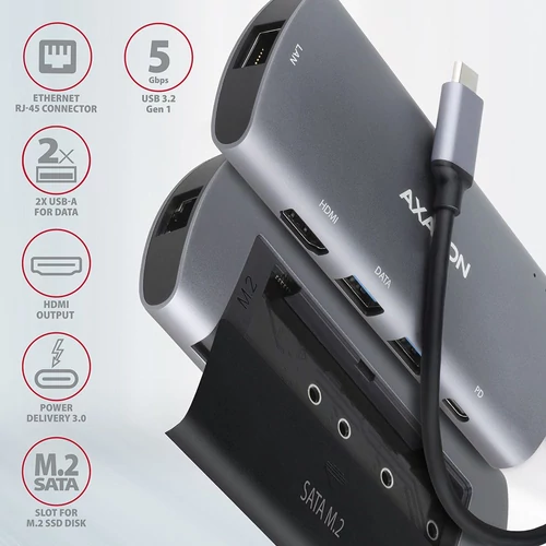 Axagon HMC-6M2 SUPERSPEED USB-C COMBO ezüstfekete 6IN1 HUB