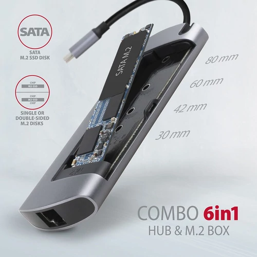 Axagon HMC-6M2 SUPERSPEED USB-C COMBO ezüstfekete 6IN1 HUB