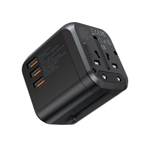 TÖLTŐ USB-C+A*3 (30W, fekete, travel, US,UK,EU,AU),Choetech