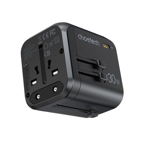 TÖLTŐ USB-C+A*3 (30W, fekete, travel, US,UK,EU,AU),Choetech