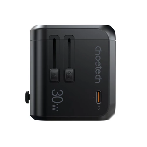 TÖLTŐ USB-C+A*3 (30W, fekete, travel, US,UK,EU,AU),Choetech