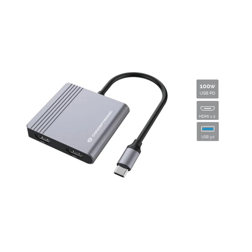 Conceptronic Notebook Dokkoló - DONN11G (Bemenet: USB-C, Kimenet: 2xHDMI+USB-C PD:100W+USB-A, ezüst)